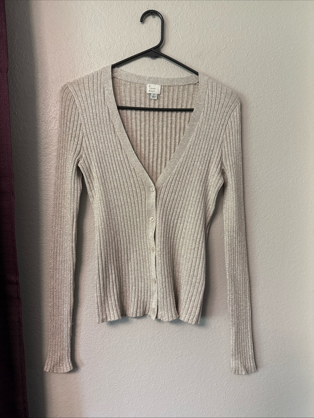 #914 A New Day Tan Silver Metallic Cardigan Button-Down Sweater Size Small